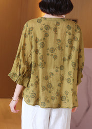 Italian Yellow O Neck Print Wrinkled Patchwork Linen Shirt Tops Summer