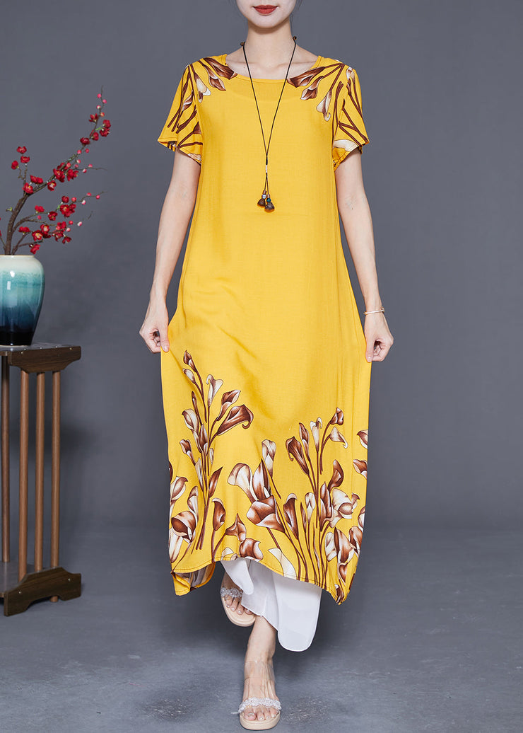 Italian Yellow Oversized Print Cotton Long Dresses Summer