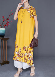 Italian Yellow Oversized Print Cotton Long Dresses Summer