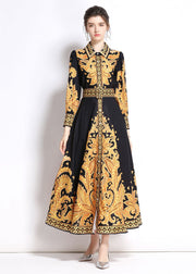 Italian Yellow Peter Pan Collar Print Patchwork Chiffon Long Dress Fall