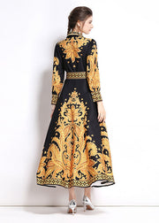 Italian Yellow Peter Pan Collar Print Patchwork Chiffon Long Dress Fall