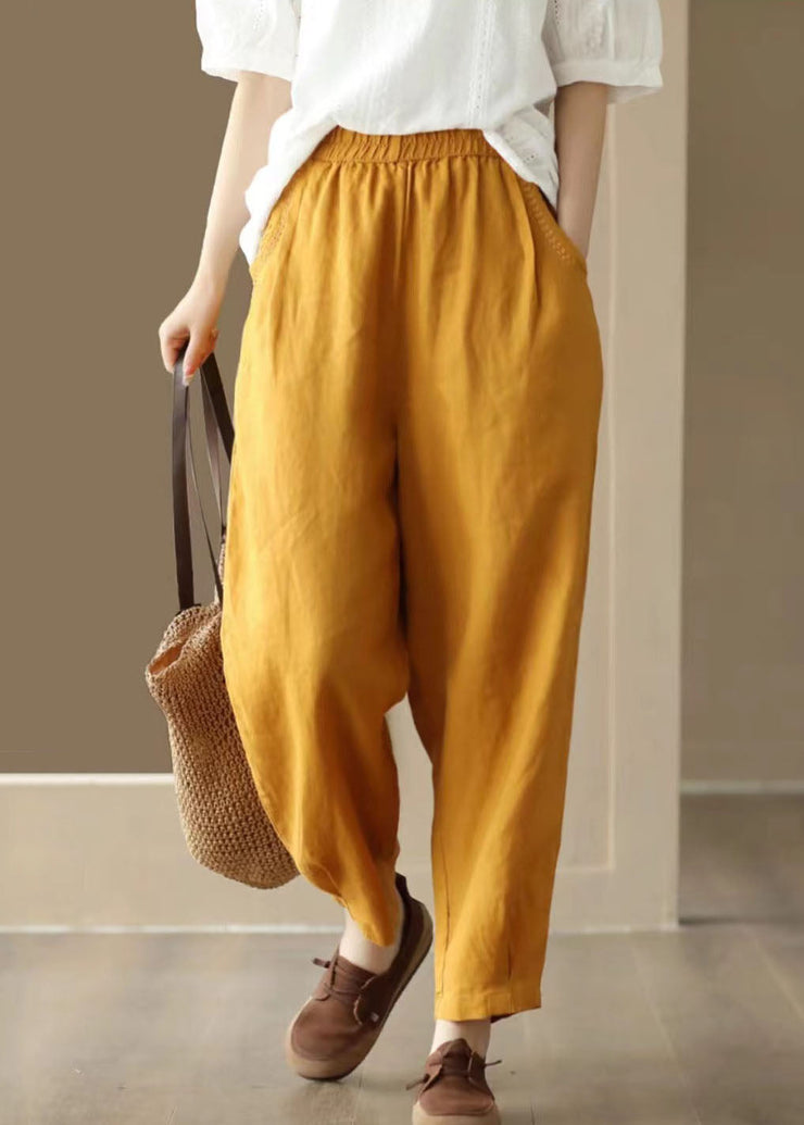 Italian Yellow Pockets Elastic Waist Linen Pants Summer