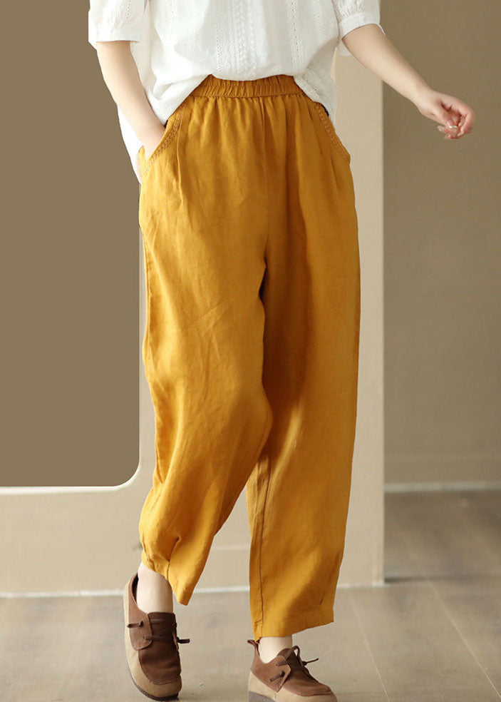 Italian Yellow Pockets Elastic Waist Linen Pants Summer