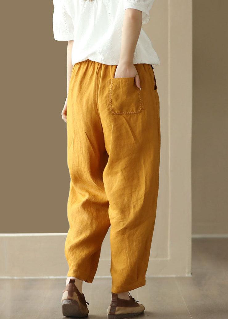 Italian Yellow Pockets Elastic Waist Linen Pants Summer