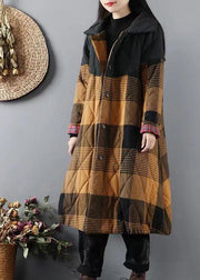 Italian Yellow Pockets Plaid Patchwork Fine Cotton Filled Coats Winter