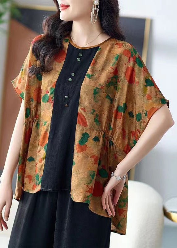 Italian Yellow Print Wrinkled Patchwork Silk T Shirt Top Summer