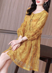 Italian Yellow Ruffled Button Lace Shirt Mid Dress Bracelet Sleeve