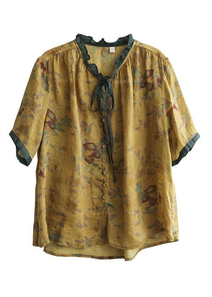 Italian Yellow Ruffled Print Linen Blouse Tops Summer