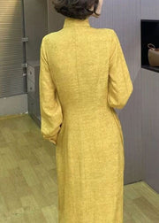 Italian Yellow Tasseled Button Wrinkled Patchwork Linen Dress Spring