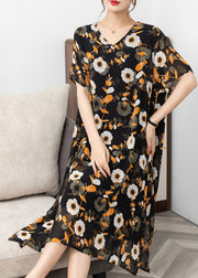 Italian Yellow V Neck Print Patchwork Chiffon Dresses Summer