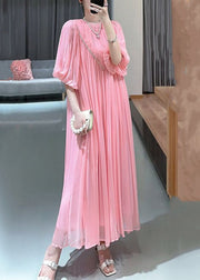 Italian Yellow Wrinkled Nail Bead Chiffon Long Dress Puff Sleeve