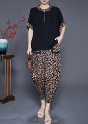 Italian Zip Up Patchwork Leopard Cotton Two Pieces Set Summer