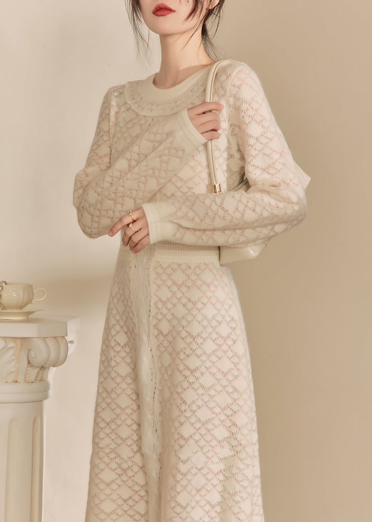 Jacquard Beige O-Neck Flattering Knitted Cotton Thread Maxi Dresses Fall