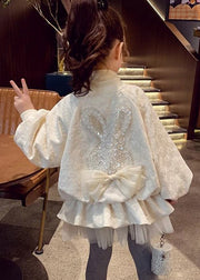 Jacquard Beige Stand Collar Sequins Zippered Kids Coats Fall