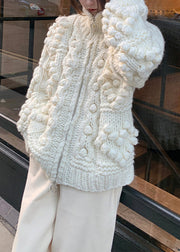 Jacquard Beige Zippered Cozy Cotton Knit Coats Spring