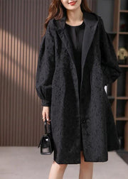 Jacquard Black Button Hooded Long Coats Jacket