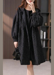 Jacquard Black Button Hooded Long Coats Jacket