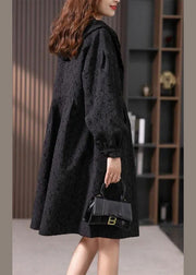 Jacquard Black Button Hooded Long Coats Jacket