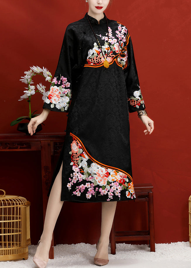 Jacquard Black Embroideried Button Side Open Silk Maxi Dress Long Sleeve