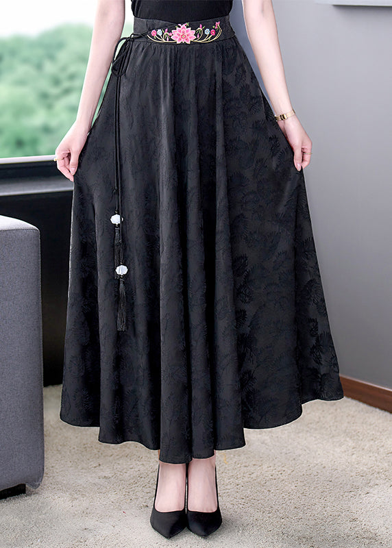 Jacquard Black Embroideried Elastic Waist Tie Waist Skirts Fall