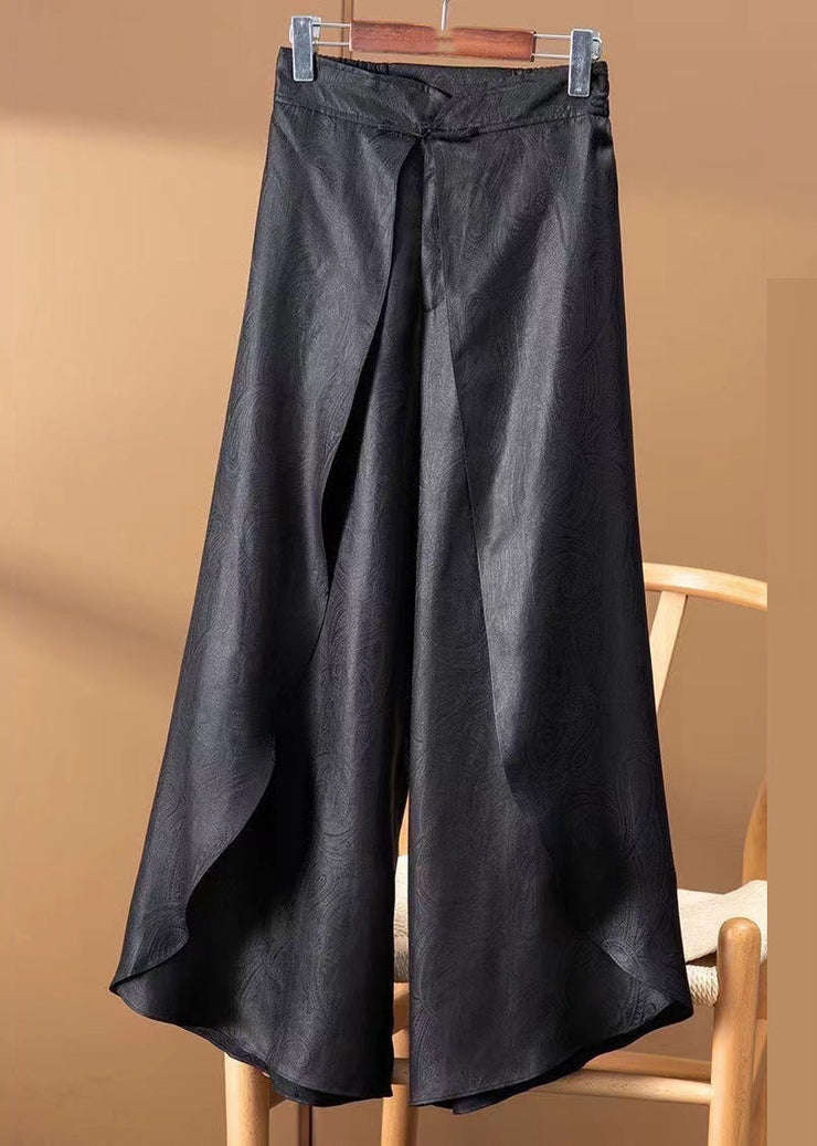 Jacquard Black High Waist Silk Wide Leg Pants Spring