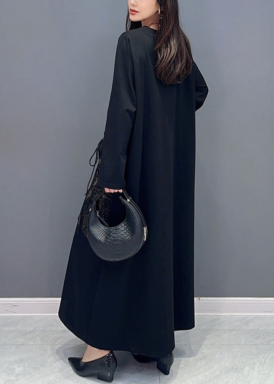 Jacquard Black Lace Up Pockets Cotton Long Dresses Long Sleeve