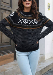 Jacquard Black O Neck Patchwork Knit Sweaters Long Sleeve