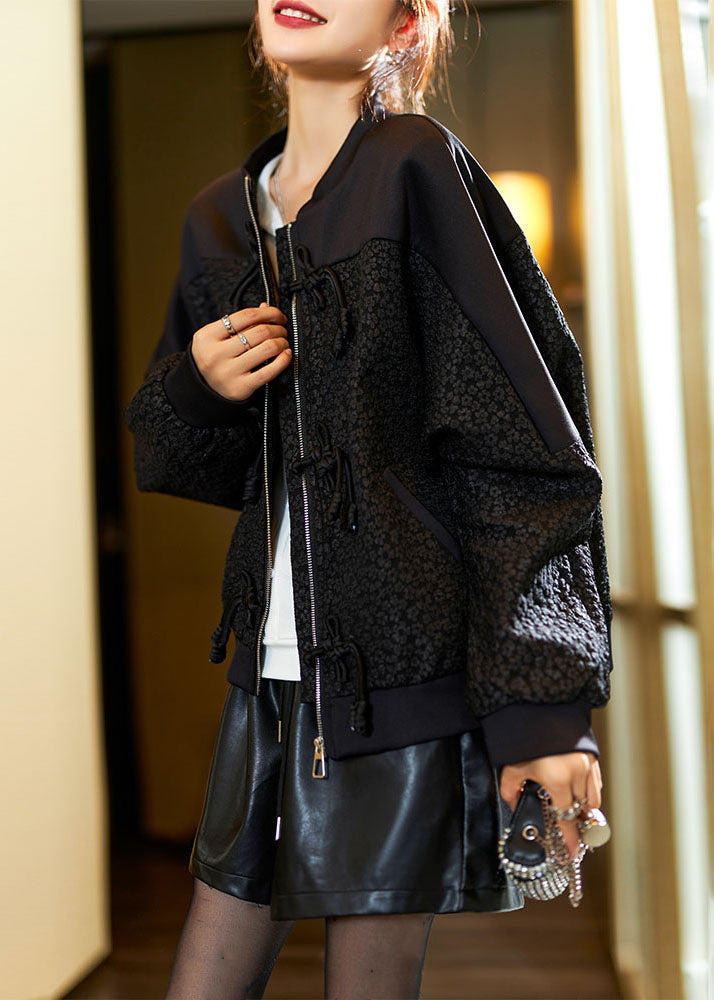 Jacquard Black O-Neck Zippered Pockets Coats Fall