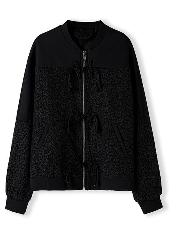 Jacquard Black O-Neck Zippered Pockets Coats Fall