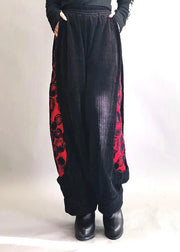 Jacquard Black Patchwork Elastic Waist Thick Corduroy Wide Leg Pants Spring