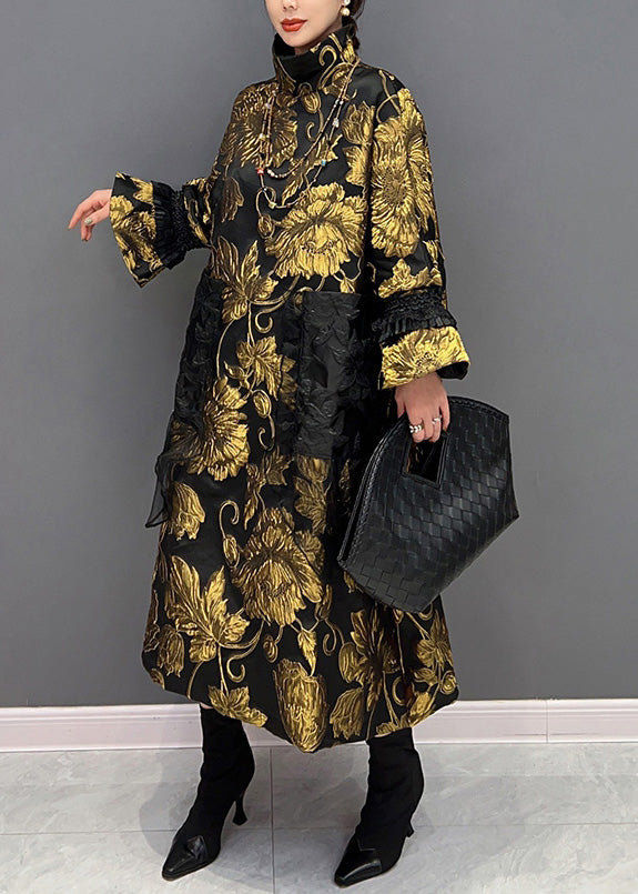 Jacquard Black Patchwork Yellow Tulle Button Thick Long Coats Winter