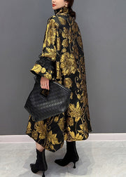 Jacquard Black Patchwork Yellow Tulle Button Thick Long Coats Winter