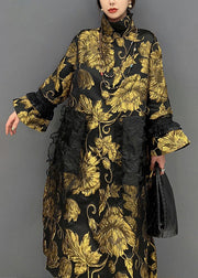 Jacquard Black Patchwork Yellow Tulle Button Thick Long Coats Winter