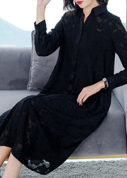 Jacquard Black Peter Pan Collar Button Long Dress Long Sleeve