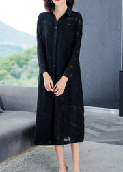 Jacquard Black Peter Pan Collar Button Long Dress Long Sleeve