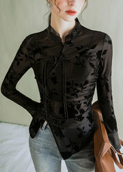 Jacquard Black Stand Collar Button Tulle Blouses Fall