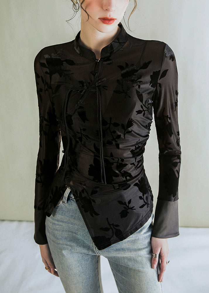 Jacquard Black Stand Collar Button Tulle Blouses Fall