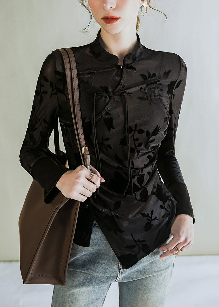 Jacquard Black Stand Collar Button Tulle Blouses Fall