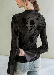 Jacquard Black Stand Collar Button Tulle Blouses Fall