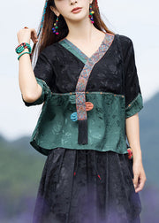 Jacquard Black Stand Collar Embroideried Floral Patchwork Satin Top Half Sleeve