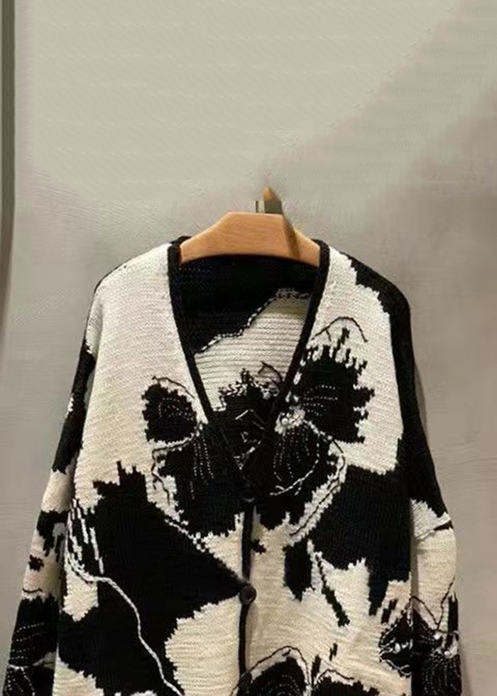 Jacquard Black V Neck Button Patchwork Knit Coat Long Sleeve