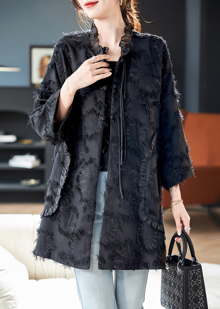 Jacquard Black V Neck Tulle Patchwork Coats Batwing Sleeve