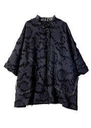 Jacquard Black V Neck Tulle Patchwork Coats Batwing Sleeve