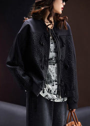 Jacquard Black Zippered Button Patchwork Cotton Coats Long Sleeve