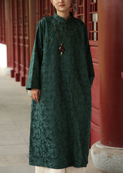 Jacquard Blackish Green Stand Collar Pockets Cotton Long Dresses Fall