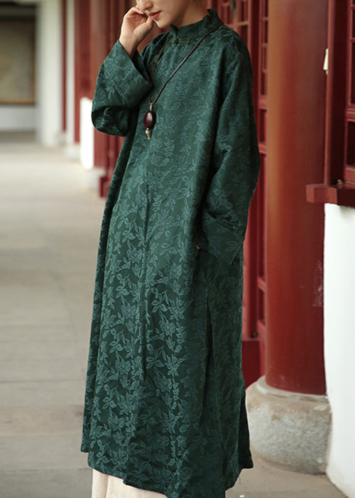 Jacquard Blackish Green Stand Collar Pockets Cotton Long Dresses Fall