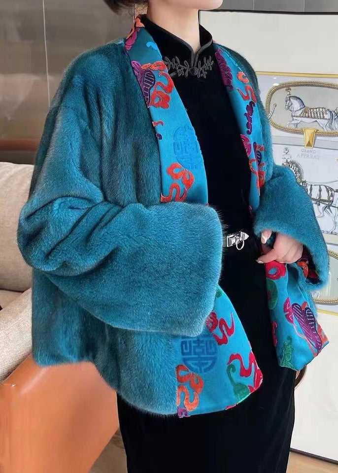 Jacquard Blue Silk Patchwork Mink Hair Coats Long Sleeve