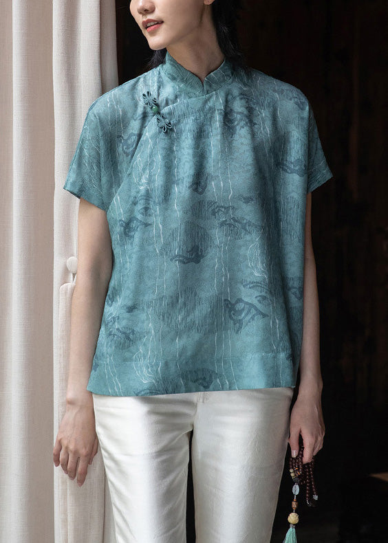 Jacquard Blue Stand Collar Button Silk Shirt Short Sleeve