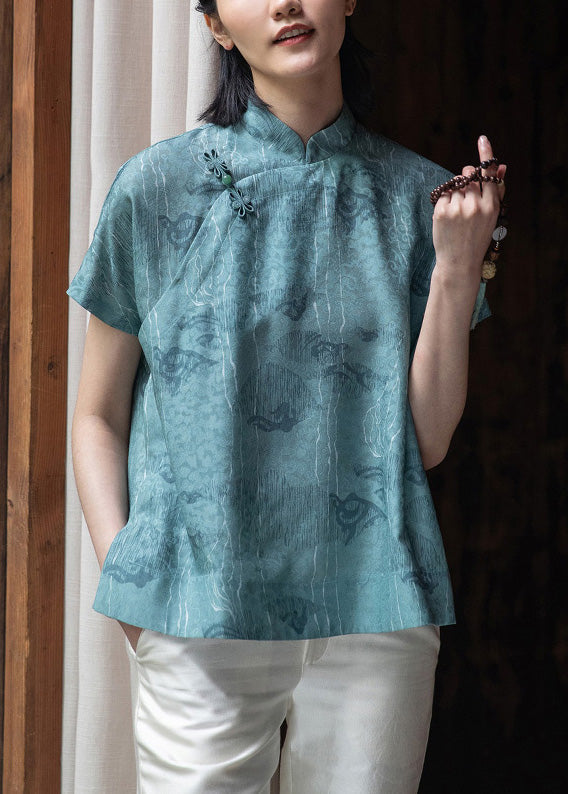 Jacquard Blue Stand Collar Button Silk Shirt Short Sleeve