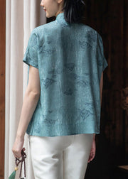 Jacquard Blue Stand Collar Button Silk Shirt Short Sleeve